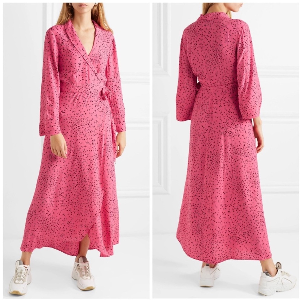 NWT Ganni Pink Floral Crepe Wrap Maxi Dress
